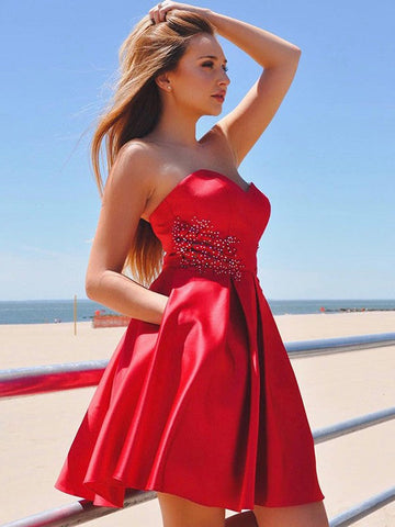 Sweetheart Strapless Red Pleated A Line Monica Satin Homecoming Dresses Backless Short
