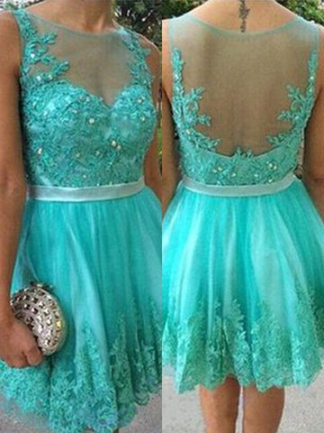 Turquoise Sheer Sleeveless Jewel Pleated Short Lace Judith Homecoming Dresses Appliques