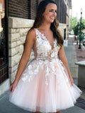 Deep V Neck Sleeveless Pleated A Line Homecoming Dresses Iris Tulle Appliques Flowers