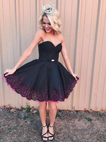 Strapless Sweetheart Black Pleated A Line Homecoming Dresses Lace Satin Kyleigh Above Knee