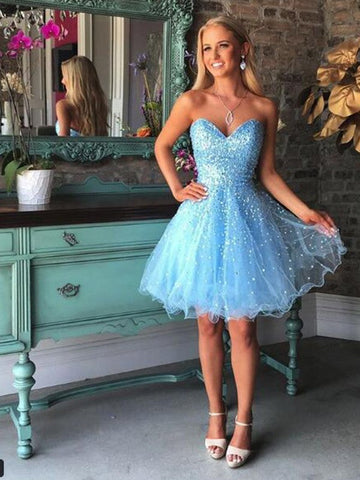 Organza Strapless Sweetheart Zaria Homecoming Dresses A Line Backless Blue Beading