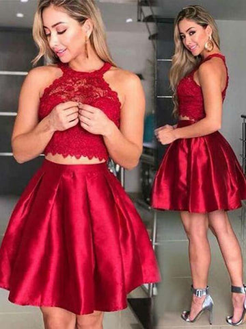 Sleeveless Halter Pleated Short Nina Two Pieces Lace Homecoming Dresses Satin A Line Red