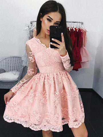 Long Sleeve V Neck Pink A Line Homecoming Dresses Madyson Lace Appliques Sheer Flowers Short