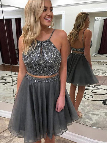 Halter Two Pieces Homecoming Dresses Yaritza A Line Spaghetti Straps Grey Backless Organza Beading