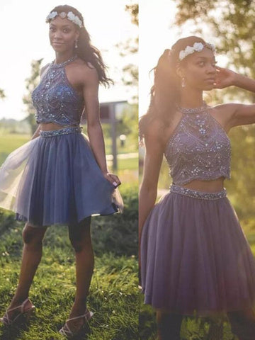 Halter Sleeveless Homecoming Dresses Maribel Two Pieces A Line Pleated Tulle Beading Short