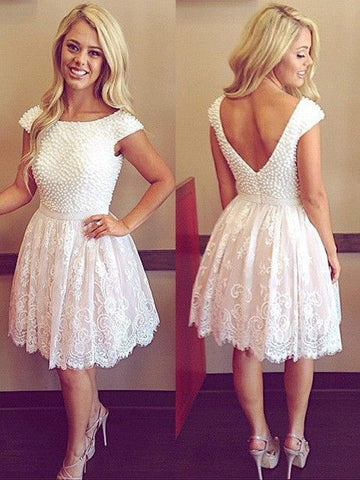 Lace Emelia Homecoming Dresses Scoop Cap Sleeve White Ball Gown Flowers Backless Beading