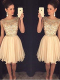 Scoop Cap Mandy Chiffon A Line Homecoming Dresses Sleeve Champagne Beading Knee Length Pleated