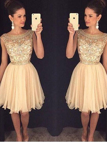 Scoop Cap Mandy Chiffon A Line Homecoming Dresses Sleeve Champagne Beading Knee Length Pleated