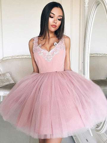 V Neck Tulle Riley Pink Homecoming Dresses Ball Gown Sleeveless Appliques Pleated