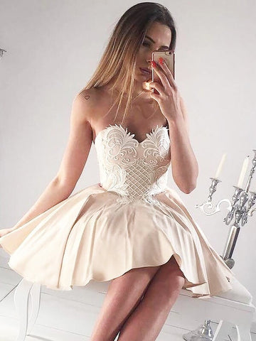 Strapless A Line Ivory Homecoming Dresses Morgan Sweetheart Appliques Taffeta Pleated Short Backless
