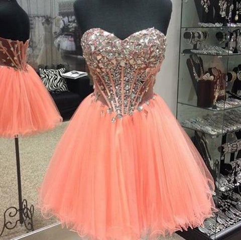 Strapless Sweetheart Organza A Line Homecoming Dresses Leia Rhinestone Backless Sexy Short