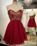 Backless Homecoming Dresses A Line Chiffon Kaiya Lace Strapless Sweetheart Red Pleated Beading