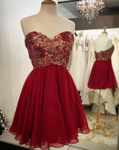 Backless Homecoming Dresses A Line Chiffon Kaiya Lace Strapless Sweetheart Red Pleated Beading