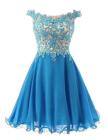 Off The Shoulder Blue Pleated Appliques Homecoming Dresses A Line Amirah Chiffon Flowers