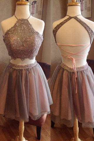 Halter Backless Janiya Two Pieces A Line Homecoming Dresses Sleeveless Straps Tulle Pleated