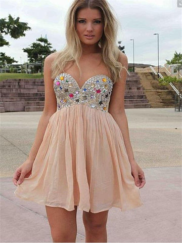 Strapless Sweetheart Pleated Rhinestone Sparkle Homecoming Dresses Breanna Chiffon Ivory A Line Short