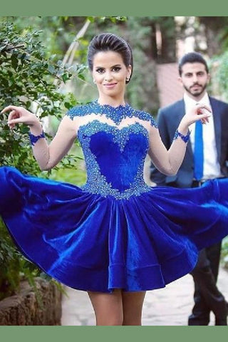 Jewel Long Sleeve Beading Appliques Royal Blue Homecoming Dresses Anne Satin A Line Short