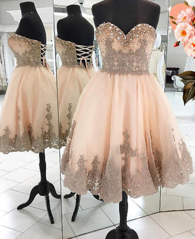 Strapless Sweetheart Lace A Line Beryl Homecoming Dresses Backless Appliques Rhinestone Pleated