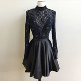 Beading Pleated Black Jaslyn Lace Homecoming Dresses A Line Satin Long Sleeve High Neck Short