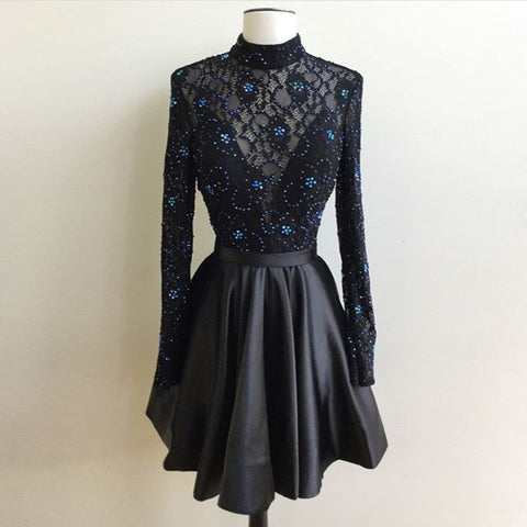 Beading Pleated Black Jaslyn Lace Homecoming Dresses A Line Satin Long Sleeve High Neck Short