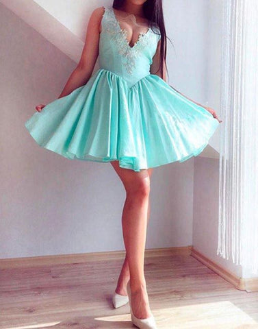 Turquoise Sleeveless Homecoming Dresses Desirae A Line Deep V Neck Sheer Pleated Taffeta Appliques