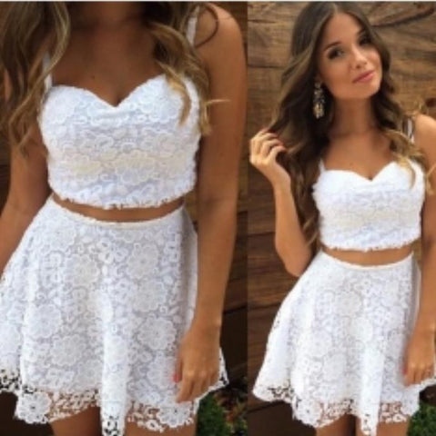 Spaghetti Straps Sweetheart A Line Homecoming Dresses Lace Two Pieces Brooklynn White Short