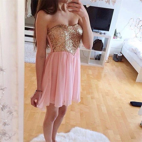 Strapless Chiffon Gracie Pink Homecoming Dresses A Line Sweetheart Pleated Short Sequins