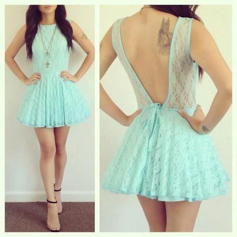 A Line Homecoming Dresses Annabelle Lace Backless Jewel Sleeveless Pleated Blue Hollow Short