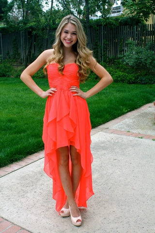 High Low Strapless Sweetheart Coral A Line Chiffon Homecoming Dresses Annie Pleated