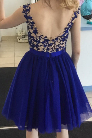 Backless Sleeveless Tulle Appliques Homecoming Dresses Royal Blue A Line Jasmine Pleated