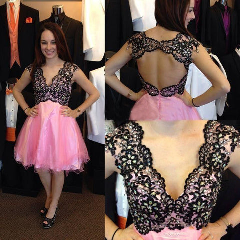 Cap Sleeve V Neck Pink Homecoming Dresses Lace A Line Addison Backless Appliques Rhinestone Organza