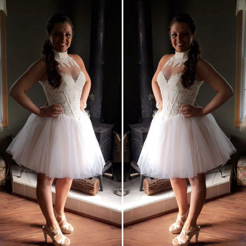 High Neck Sleeveless Jocelynn Ivory Homecoming Dresses Sheer Ball Gown Appliques Pleated Tulle