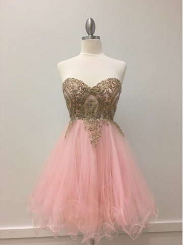 Homecoming Dresses Abigayle Pink Strapless Sweetheart Organza Pleated Appliques Beading