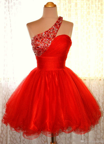 One Shoulder Red Sleeveless Homecoming Dresses Melody A Line Organza Pleated Rhinestone