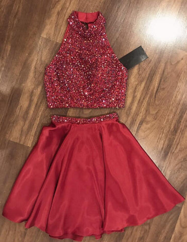 Halter Sleeveless Red Beading Homecoming Dresses A Line Taylor Satin Two Pieces Pleated Short