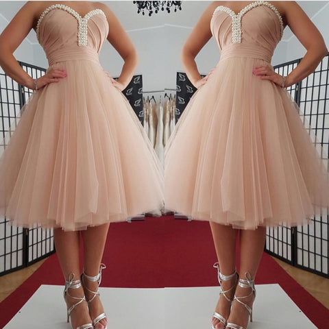 Pearls Strapless Sweetheart Backless A Line Joslyn Homecoming Dresses Tulle Pleated Ruched
