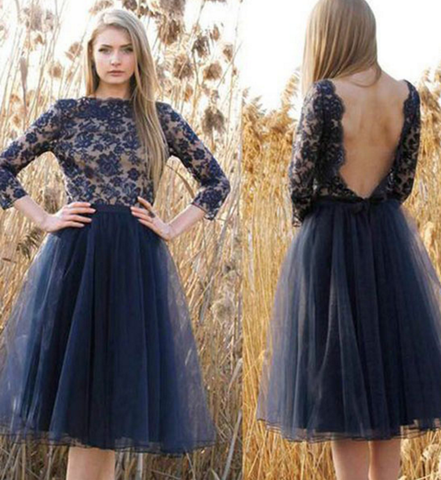 Jewel Long Sleeve Dark Navy Backless Maggie Lace Homecoming Dresses A Line Flowers Tulle Pleated