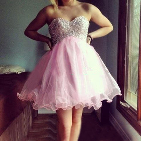 Organza Pleated Strapless Sweetheart Simone A Line Homecoming Dresses Pink Beading Short