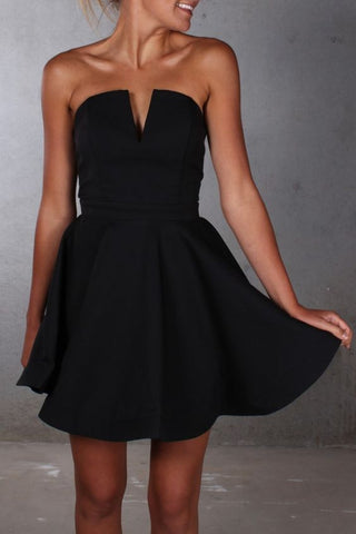 Homecoming Dresses Kailey Satin A Line Black Pleated V Neck Strapless Backless Simple Short
