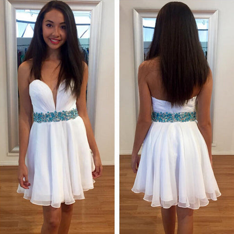 Sweetheart White Strapless Backless Pleated Chiffon A Line Homecoming Dresses Cailyn Rhinestone