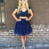 Cap Sleeve Deep V Homecoming Dresses Two Pieces Mattie A Line Lace Neck Dark Navy Beading