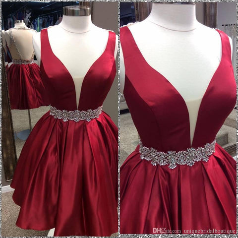 Deep V Neck Sleeveless Burgundy Ball Gown Pleated Charity Satin Homecoming Dresses Backless