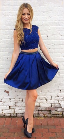 Cap Royal Blue Two Pieces Satin Homecoming Dresses A Line Malia Sleeve Pleated Appliques Short