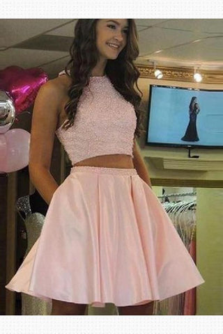 Halter Two Pieces Pink Miley Homecoming Dresses A Line Satin Jewel Sleeveless Pleated