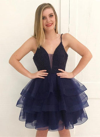 Spaghetti Straps Deep V Neck Ball Gown Homecoming Dresses Ruby Tiered Dark Navy Organza