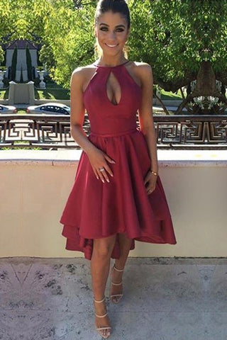 Halter Homecoming Dresses A Line Tamara Satin Cut Out Pleated Burgundy High Low Pleated