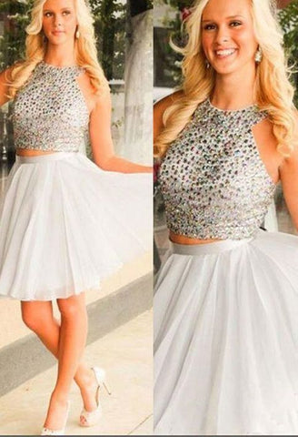 Halter Two Pieces Winnie Chiffon Homecoming Dresses A Line Sleeveless White Beading