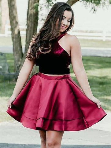 Homecoming Dresses Satin Melany Two Pieces Halter Sleeveless Burgundy Pleated Short