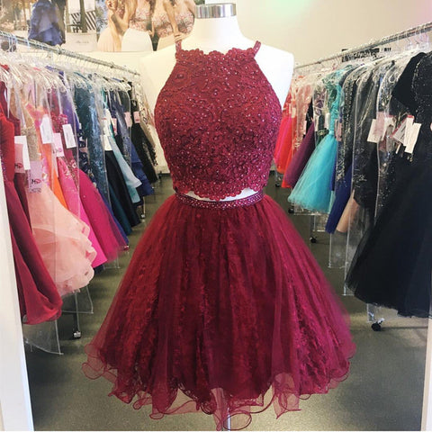 Burgundy Halter Homecoming Dresses A Line Lace Aliyah Two Pieces Sleeveless Appliques Organza
