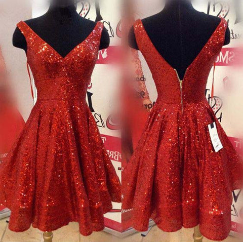 V Neck Sleeveless Kayden A Line Homecoming Dresses Backless Pleated Sequins Red Sparkle